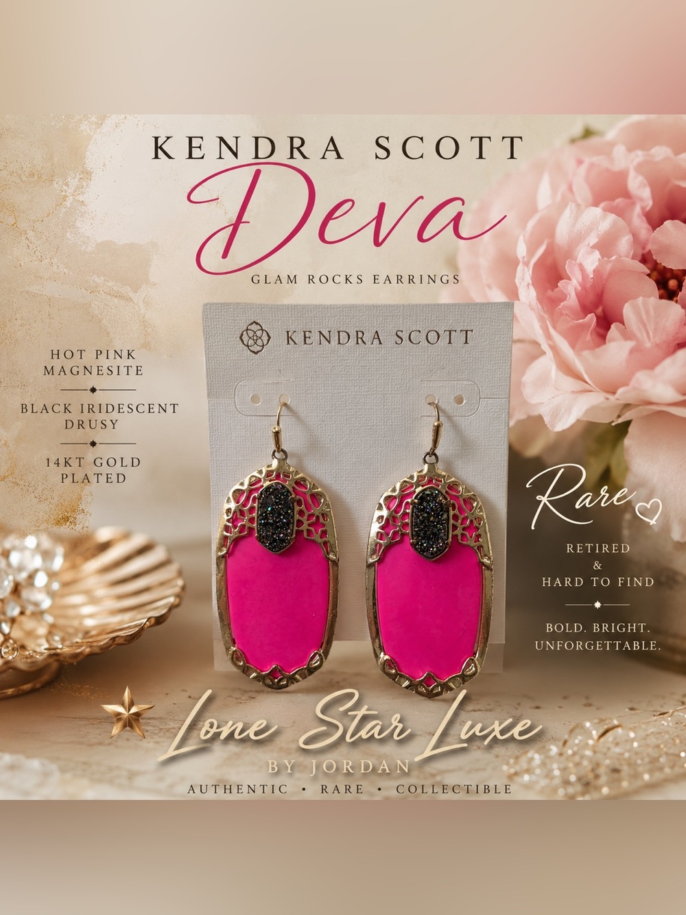 Kendra Scott DEVA Glam Rocks Hot Pink drusy with 14kt gold Plating
